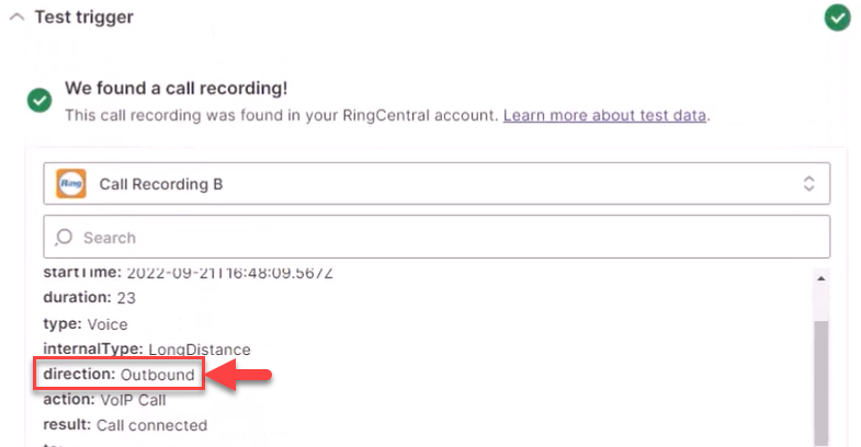 Screenshot showing the test results after testing the Zap trigger