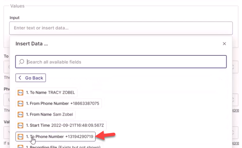 Screenshot showing the RingCentral datapoint you want the Zap action to format
