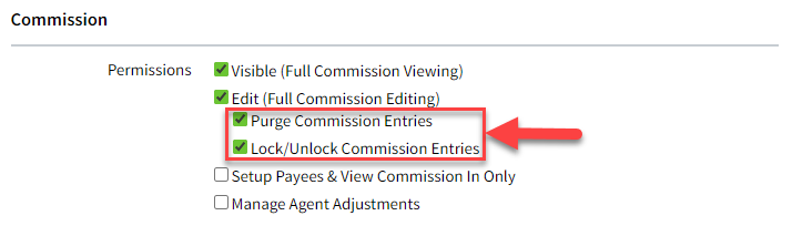 Screenshot showing new commission permissions for locking, unlocking, and purging commission entries