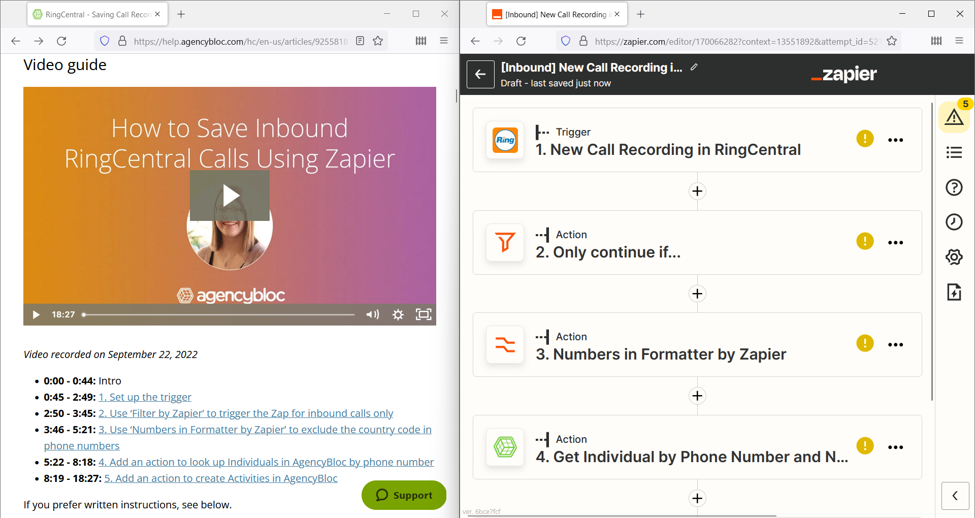 Screenshot showing one window with help instructions and another window with Zapier