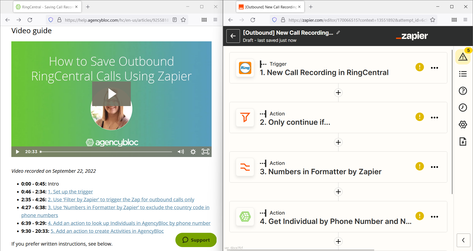 Screenshot showing one window with help instructions and another window with Zapier