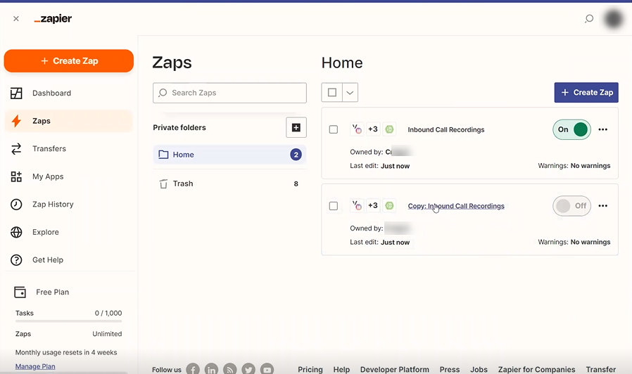 Screenshot showing the duplicate Zap