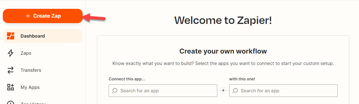 Screenshot showing where to start creating a new Zap