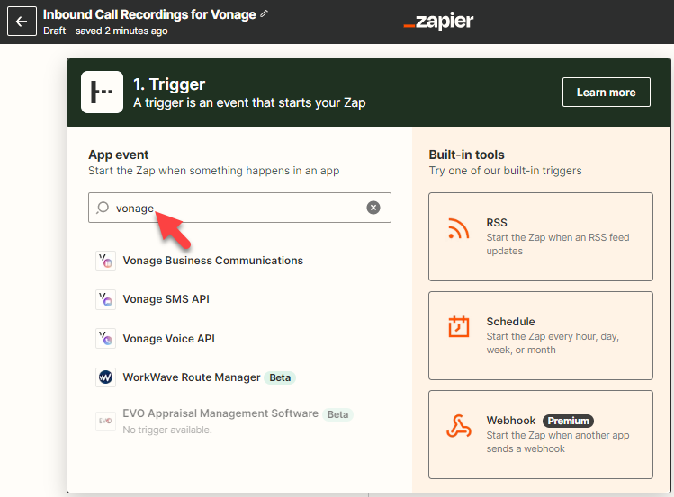 Screenshot showing how to look up the Vonage app for the Zap trigger