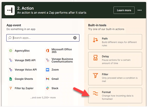 Screenshot showing to select the formatter by Zapier option