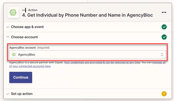 Screenshot showing the field for selecting your AgencyBloc account