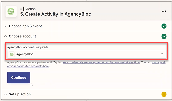 Screenshot showing the AgencyBloc account field