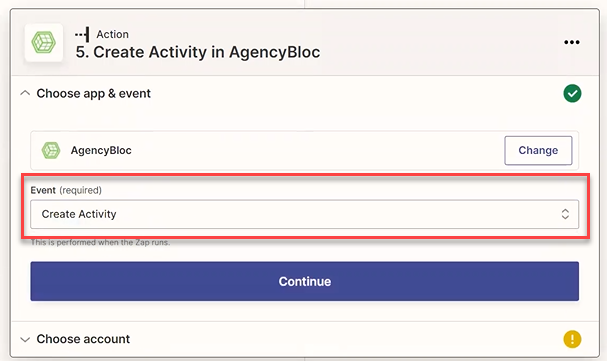 Screenshot showing the create Activity event