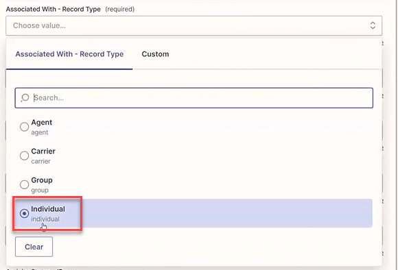 Screenshot showing the Associated With - Record Tyep field