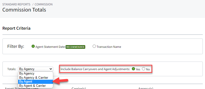 Screenshot showing the Totals by Agent filter