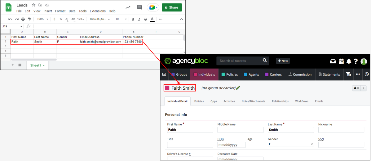 Screenshot showing an example Zap that uses Google Sheet and AgencyBloc