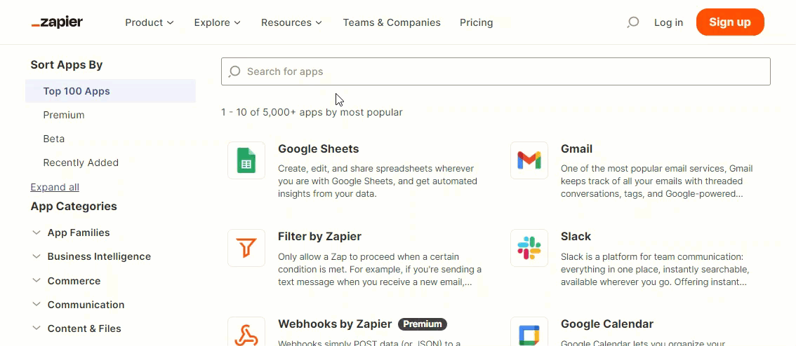 Animated image showing how to search for apps in Zapier's app directory